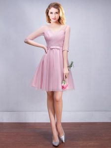 Nice Pink Lace Up Bridesmaid Dress Ruching and Bowknot Half Sleeves Mini Length