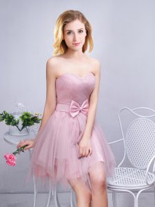 Free and Easy A-line Bridesmaid Dresses Pink Sweetheart Tulle Sleeveless Mini Length Lace Up