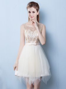 Elegant Champagne A-line Tulle Scoop Sleeveless Sequins and Bowknot Asymmetrical Lace Up Bridesmaid Dress