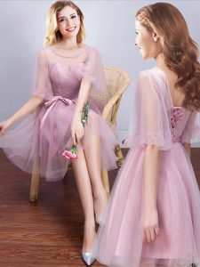 Tulle Scoop Half Sleeves Lace Up Ruching and Bowknot Wedding Party Dress in Pink