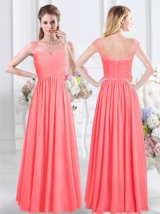 Attractive Watermelon Red Empire Chiffon Scoop Cap Sleeves Lace and Ruching Floor Length Zipper Bridesmaid Dresses