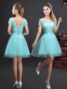 Mini Length Aqua Blue Bridesmaid Dresses Tulle Short Sleeves Lace and Appliques and Belt