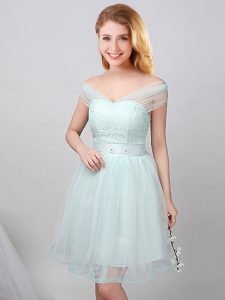 Off the Shoulder Tulle Short Sleeves Mini Length Bridesmaid Dress and Lace and Appliques and Belt