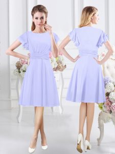 Scoop Short Sleeves Knee Length Side Zipper Bridesmaid Dress Lavender for Prom and Party and Wedding Party with Ruching