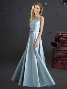 Customized Square Light Blue Sleeveless Floor Length Bowknot Zipper Bridesmaid Dresses