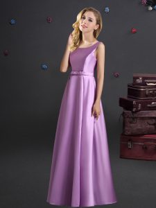 Square Floor Length Zipper Bridesmaid Gown Lilac for Prom and Party and Wedding Party with Bowknot