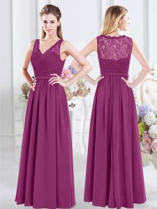 Fuchsia Sleeveless Lace and Ruching Floor Length Bridesmaids Dress