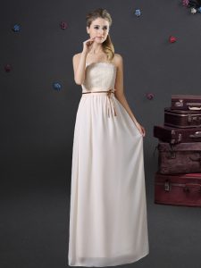 White Chiffon Lace Up Strapless Sleeveless Floor Length Wedding Party Dress Lace and Belt