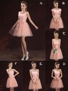 Peach Tulle and Lace Lace Up V-neck Sleeveless Mini Length Wedding Guest Dresses Lace and Bowknot