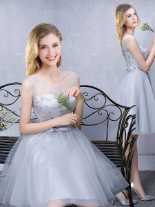 Scoop Sleeveless Lace Up Wedding Party Dress Grey Tulle