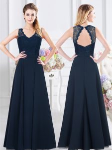 Beauteous V-neck Sleeveless Chiffon Wedding Guest Dresses Lace and Ruching Backless