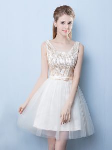 Sequins Mini Length Champagne Wedding Party Dress Square Sleeveless Lace Up