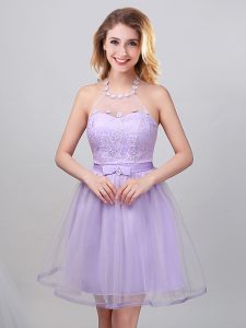 Suitable Halter Top Lavender Sleeveless Lace and Appliques and Belt Mini Length Bridesmaid Dress