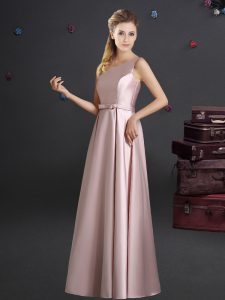 Free and Easy Floor Length Pink Wedding Party Dress One Shoulder Sleeveless Zipper