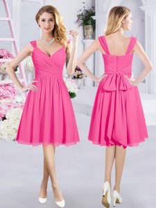 Chiffon Sleeveless Knee Length Bridesmaid Gown and Ruching and Belt