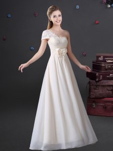 One Shoulder White Sleeveless Floor Length Lace and Bowknot Zipper Bridesmaid Gown