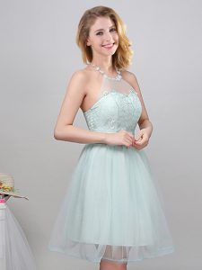 Captivating Apple Green Bridesmaid Gown Prom and Party and Wedding Party and For with Lace and Appliques and Belt Halter