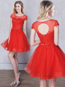 On Sale Red Wedding Party Dress Prom and Party and Wedding Party and For with Appliques and Belt Scoop Short Sleeves Lac