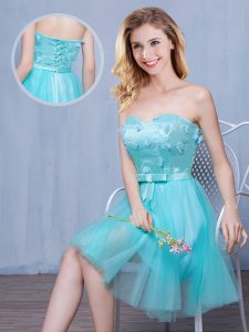 Beauteous Sweetheart Sleeveless Lace Up Bridesmaid Dresses Aqua Blue Tulle