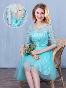 Scoop Lace and Appliques and Bowknot Bridesmaid Dresses Aqua Blue Lace Up Half Sleeves Knee Length