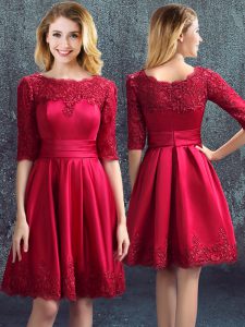 Wine Red Empire Lace Bridesmaid Dress Zipper Satin Half Sleeves Mini Length
