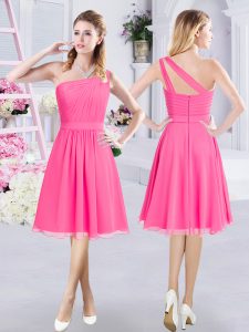 Hot Pink Bridesmaid Dress Prom and Party and Wedding Party and For with Ruching One Shoulder Sleeveless Zipper
