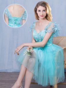 Graceful Aqua Blue Tulle Lace Up Bridesmaid Dress Short Sleeves Knee Length Lace and Appliques and Bowknot