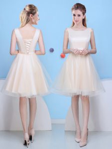 Scoop Tulle Sleeveless Knee Length Wedding Party Dress and Bowknot