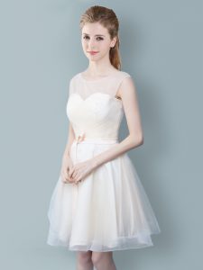 Classical Champagne Zipper Scoop Ruching and Bowknot Bridesmaid Dresses Tulle Sleeveless