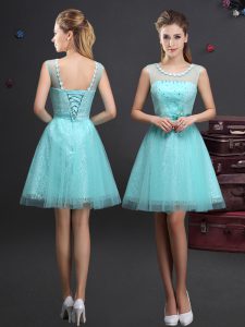 Scoop Aqua Blue Tulle Lace Up Bridesmaid Dresses Sleeveless Mini Length Beading and Lace and Appliques and Belt