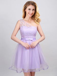 A-line Wedding Guest Dresses Lavender One Shoulder Tulle Sleeveless Mini Length Lace Up