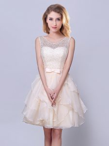 Scoop Mini Length Lace Up Wedding Guest Dresses Champagne for Prom and Party and Wedding Party with Lace and Ruffles and