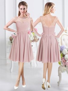 Traditional Scoop Cap Sleeves Zipper Knee Length Lace and Ruching Bridesmaid Dress