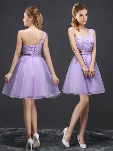 Fantastic One Shoulder Lavender Sleeveless Organza Lace Up Bridesmaid Dresses for Prom and Party and Wedding Party