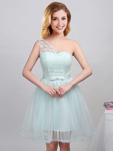 Tulle One Shoulder Sleeveless Lace Up Lace and Appliques and Belt Wedding Guest Dresses in Apple Green