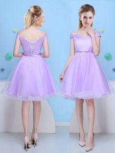 Lavender A-line Tulle V-neck Cap Sleeves Bowknot Knee Length Lace Up Wedding Party Dress