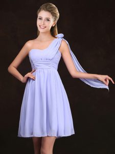 Luxurious One Shoulder Mini Length Zipper Bridesmaid Gown Lavender for Prom and Party and Wedding Party with Ruching and