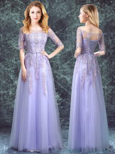 Square Lavender Half Sleeves Appliques Floor Length Bridesmaid Dresses