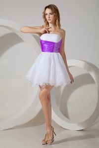 Cheap Sleeveless Organza Mini Length Zipper Bridesmaid Dress in White And Purple with Beading