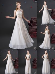 Dynamic White Zipper V-neck Lace and Appliques and Bowknot Wedding Party Dress Chiffon Sleeveless