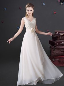 Sumptuous Sleeveless Floor Length Lace and Bowknot Zipper Bridesmaid Gown with White
