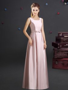 Luxurious Pink Elastic Woven Satin Zipper Square Sleeveless Floor Length Bridesmaids Dress Bowknot