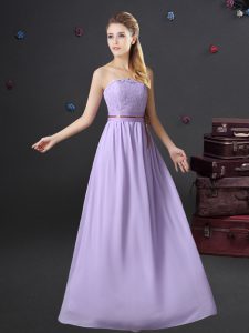 Lavender Lace Up Bridesmaids Dress Lace and Belt Sleeveless Floor Length
