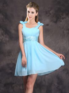 Latest Baby Blue Wedding Guest Dresses Prom and Party and Wedding Party and For with Ruching and Bowknot Straps Sleevele