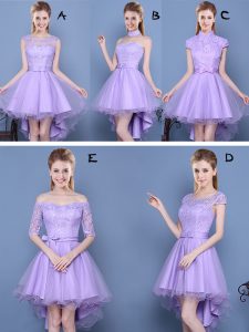 High Low Lavender Bridesmaid Gown Taffeta and Tulle Sleeveless Lace and Bowknot