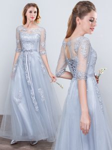 Short Sleeves Grey Scoop Lace Up Appliques and Belt Bridesmaid Gown Half Sleeves