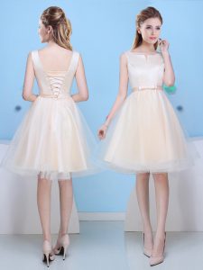 Beautiful A-line Wedding Guest Dresses Champagne Scoop Tulle Sleeveless Knee Length Lace Up
