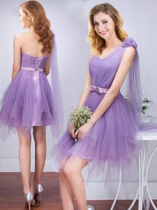 One Shoulder Lavender Lace Up Bridesmaid Gown Ruffles and Ruching and Belt and Hand Made Flower Sleeveless Mini Length
