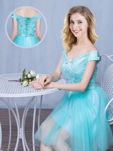 Nice Off the Shoulder Aqua Blue Cap Sleeves Tulle Lace Up Bridesmaid Gown for Prom and Party and Wedding Party