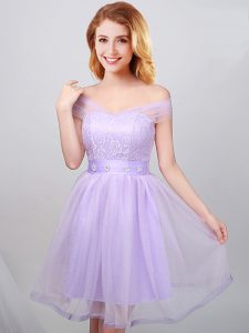 On Sale Off the Shoulder Lace and Appliques and Belt Bridesmaid Gown Lavender Lace Up Short Sleeves Mini Length